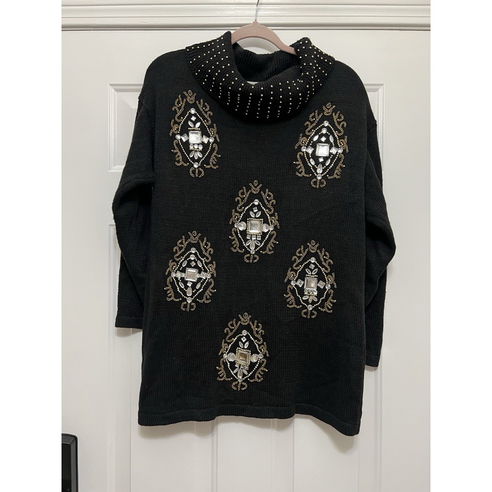 VTG HOLIDAY BLACK SWEATER Womens Size Medium Gold Silver Embellished Ramie Party